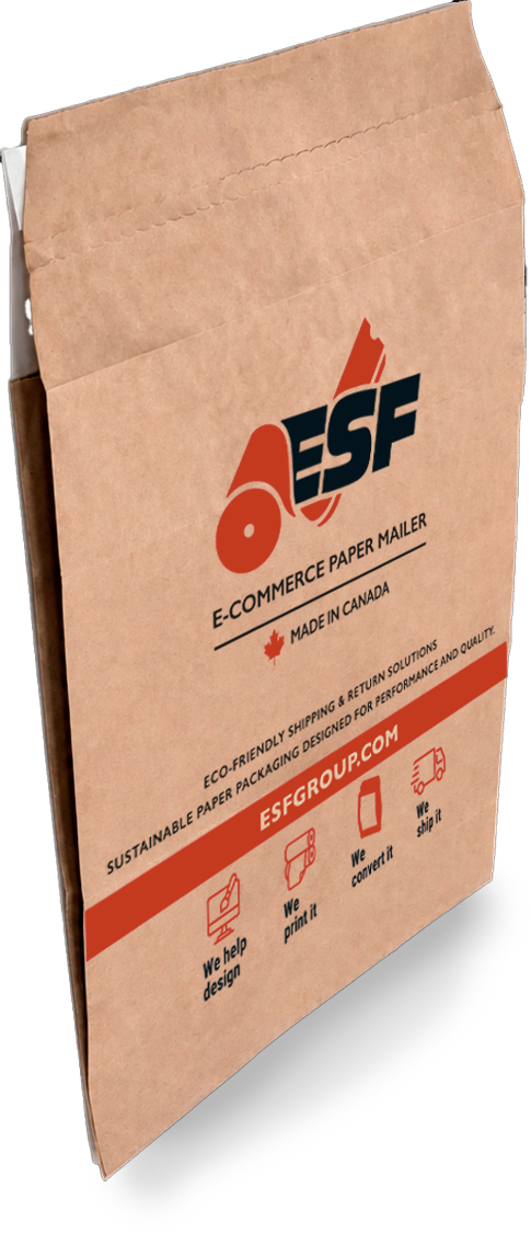 Pochette d’expédition kraft recyclable avec branding ESF et soufflets latéraux pour l’emballage e-commerce.